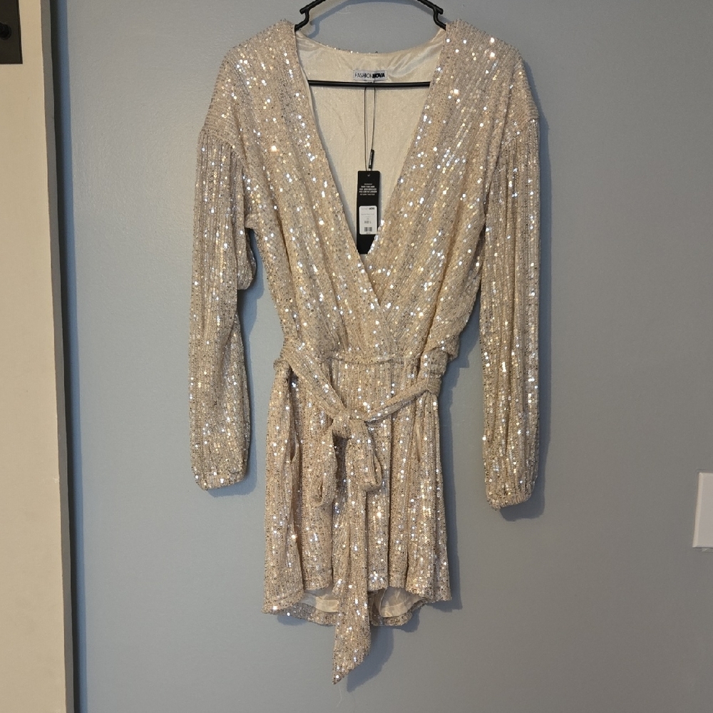 Fashion Nova Champagne Sequin Wrap Romper